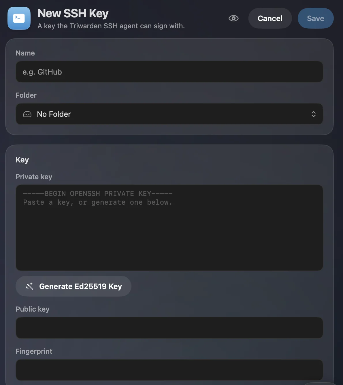 New SSH Key in the detail panel: name, folder, private key with Generate Ed25519 Key, public key and fingerprint
