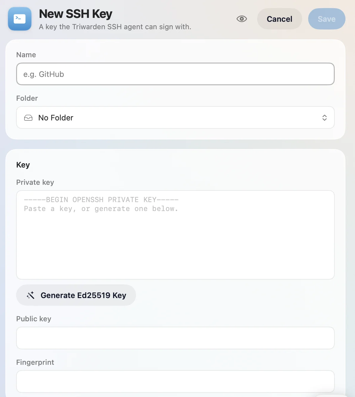 New SSH Key in the detail panel: name, folder, private key with Generate Ed25519 Key, public key and fingerprint