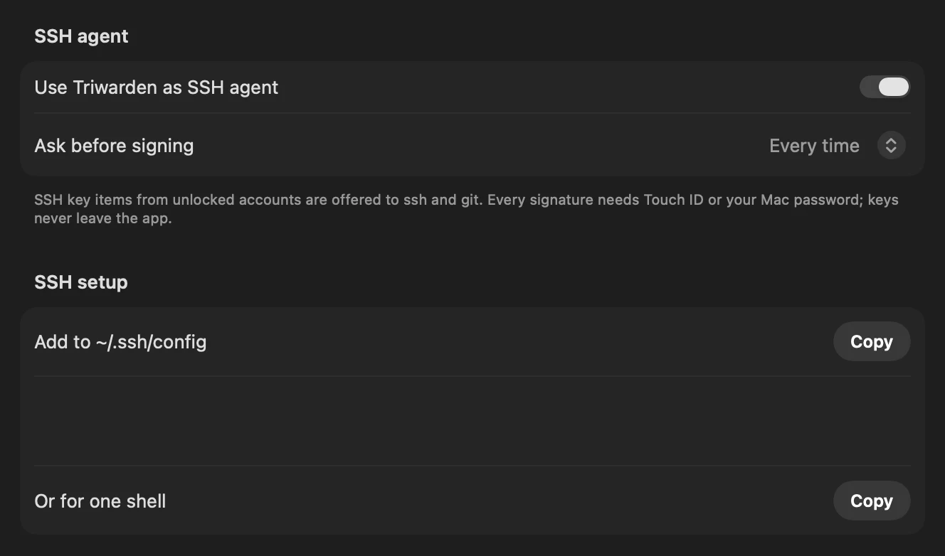 Triwarden Settings › Developer: Use Triwarden as SSH agent, Ask before signing, and SSH setup with Copy buttons