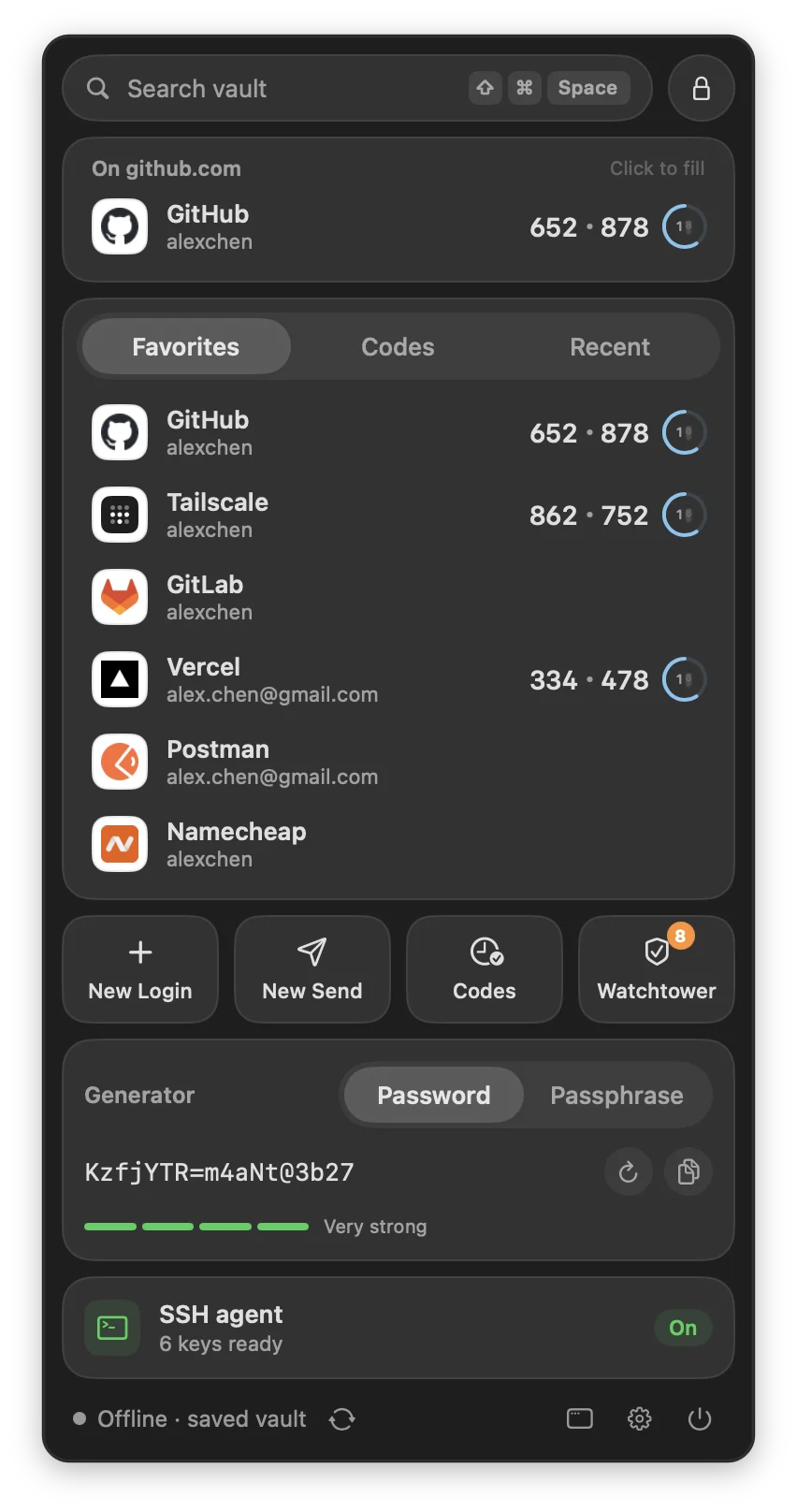 The menu bar panel: the page’s login, favorites with live codes, quick actions and the generator