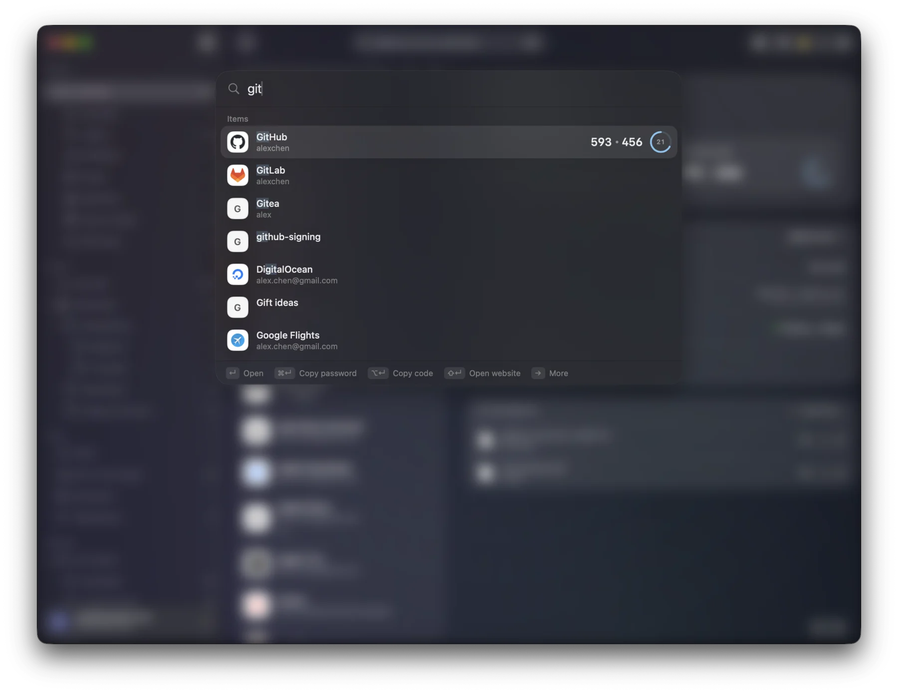 The command palette over the vault, searching “git”: GitHub first with its live code, then GitLab, Gitea and more