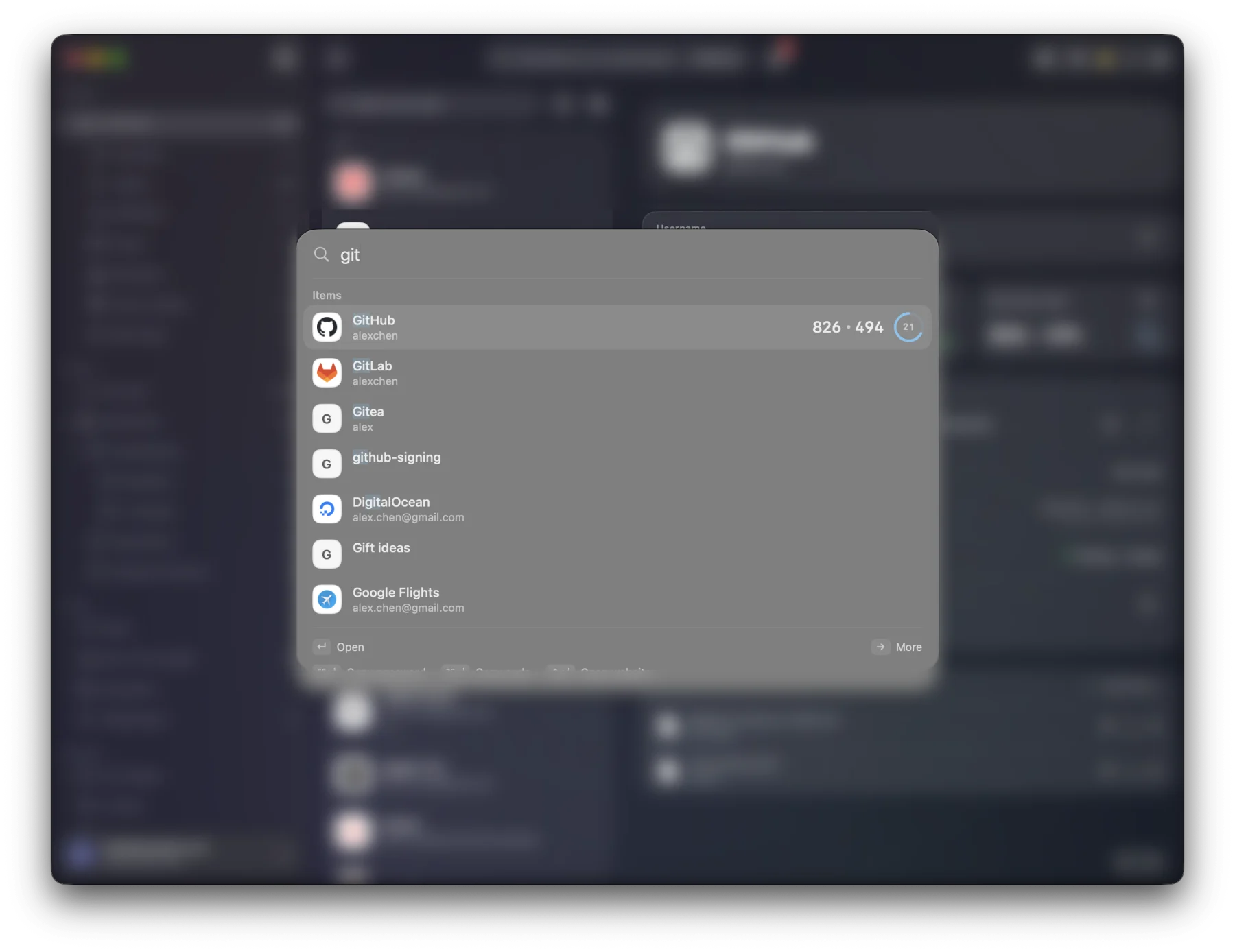 The command palette over the vault, searching “git”: GitHub first with its live code, then GitLab, Gitea and more