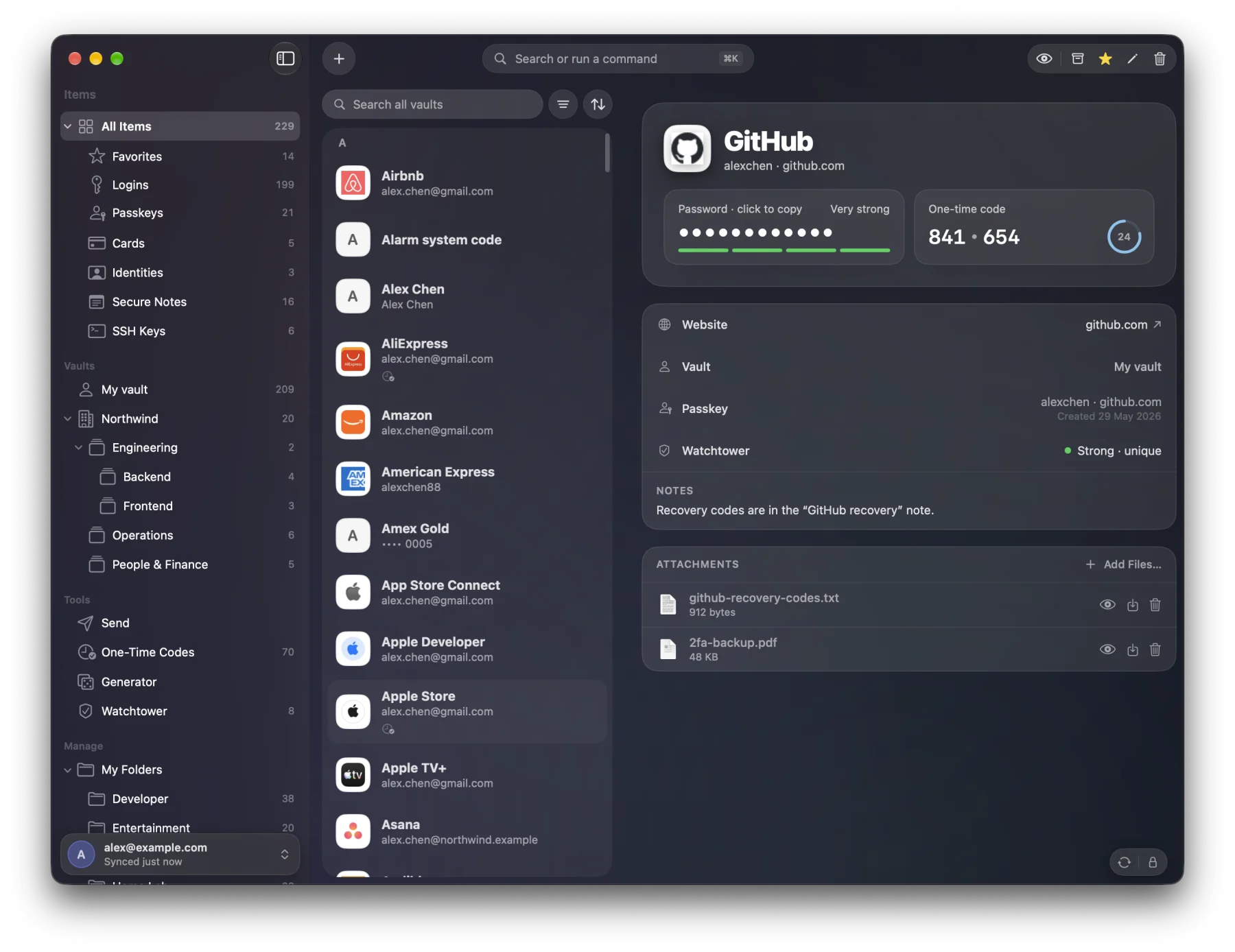The vault: sidebar, item list, and a GitHub login with its password, live one-time code, passkey and attachments
