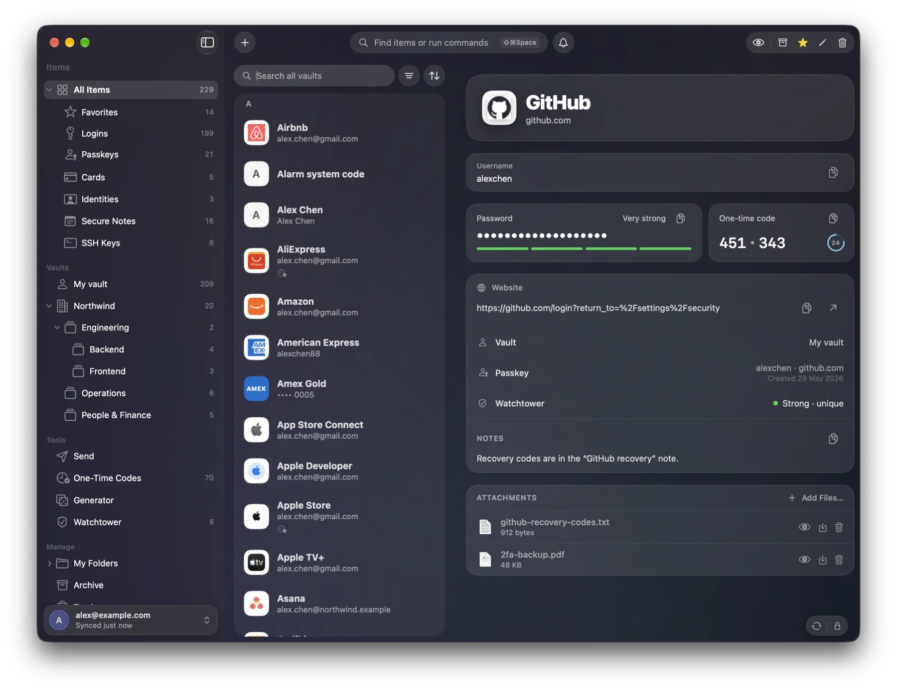 The vault: sidebar, item list, and a GitHub login with its password, live one-time code, passkey and attachments