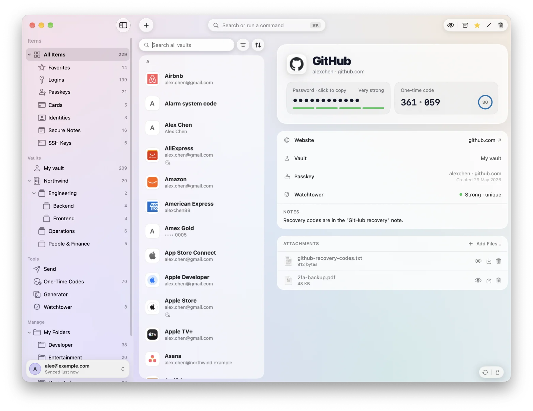 The vault: sidebar, item list, and a GitHub login with its password, live one-time code, passkey and attachments