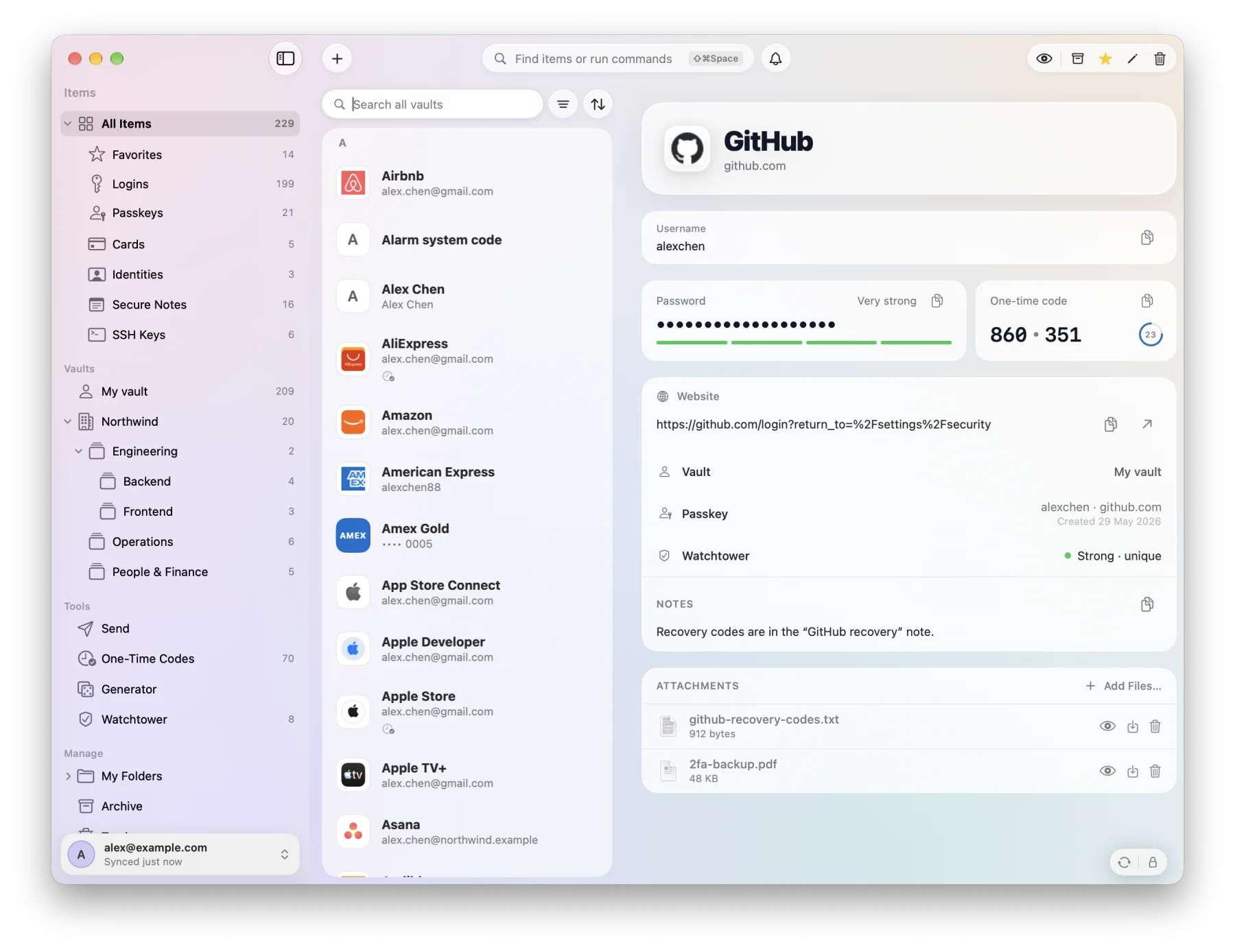The vault: sidebar, item list, and a GitHub login with its password, live one-time code, passkey and attachments