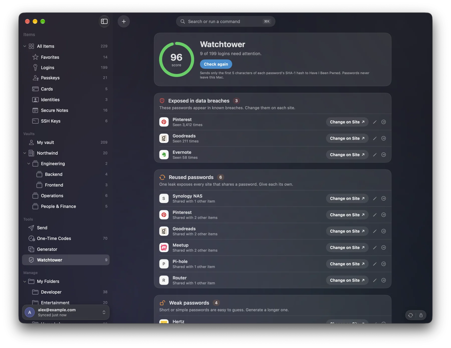 Watchtower showing a security score, passwords found in breach data and reused passwords.