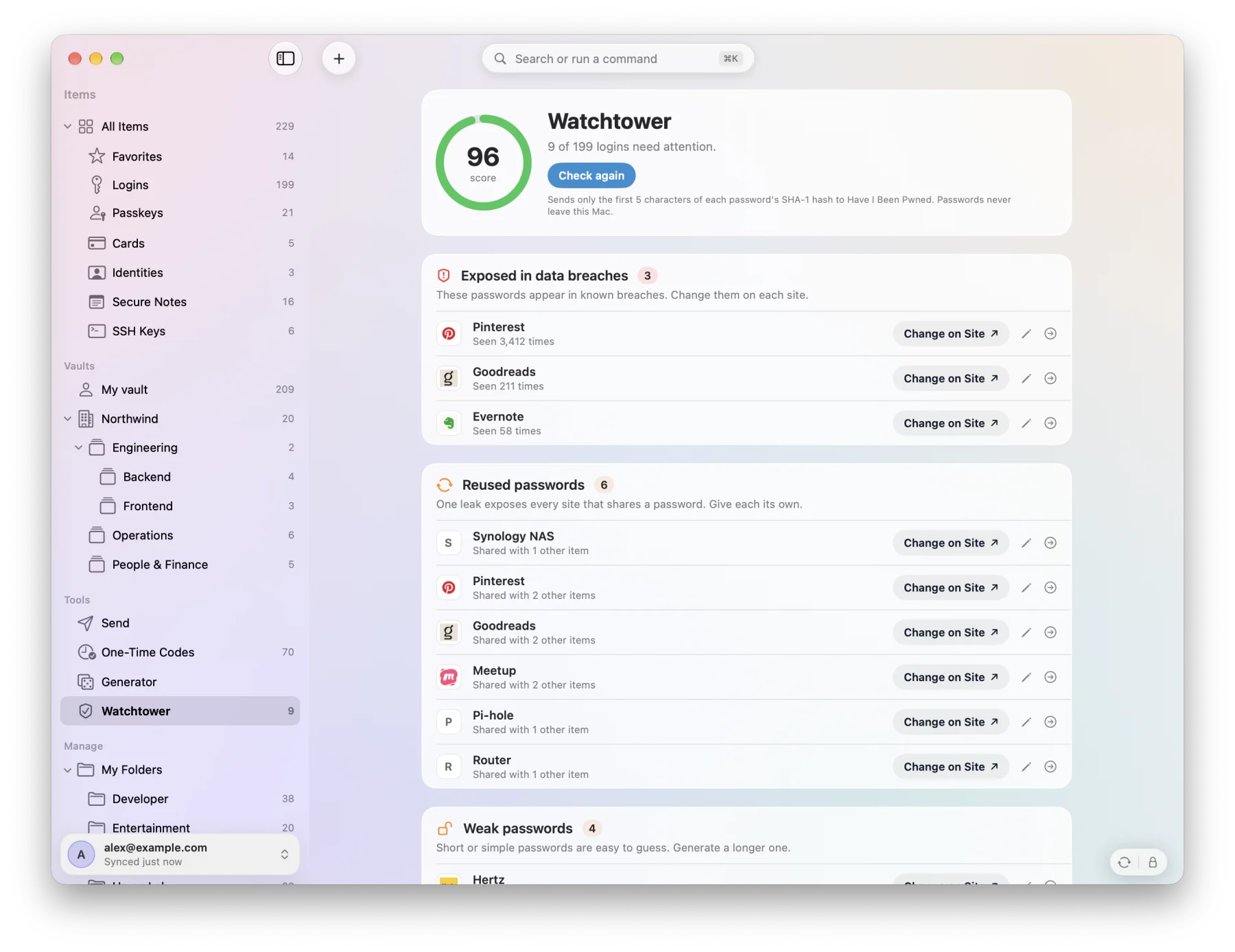 Watchtower showing a security score, passwords found in breach data and reused passwords.